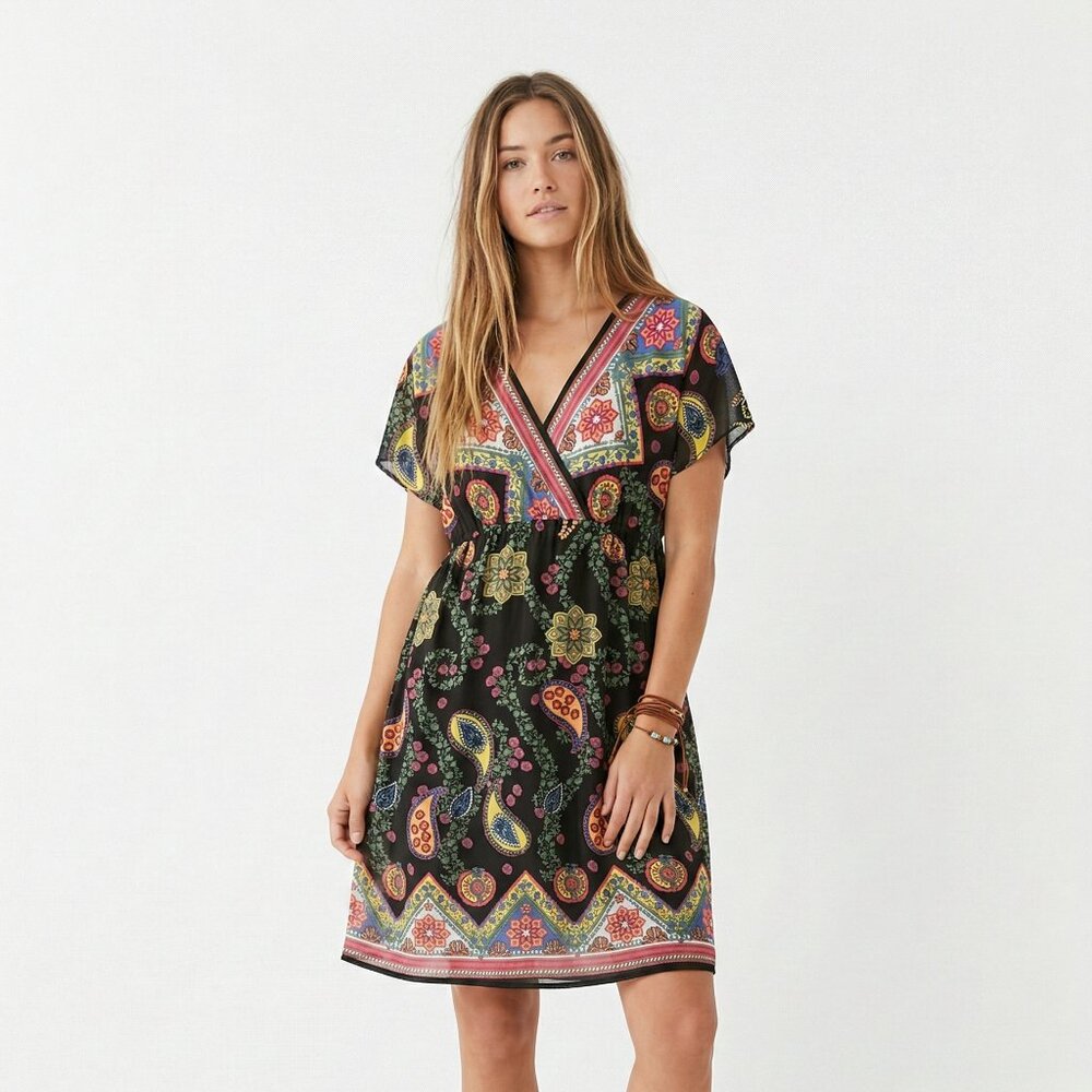 Faded Glory Dress Black Floral Hippie Boho Festival Paisley 16W